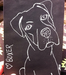 White ink on black paper drawing "<3 Boxer"